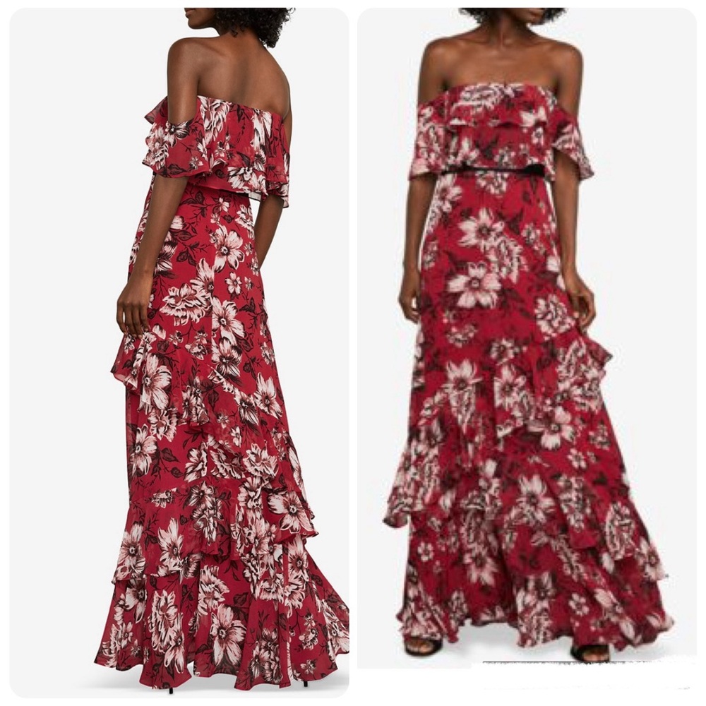 BCBGMAXAZRIA Off-The-Shoulder Festive Floral Maxi RED Draped Feminine Dress 6
